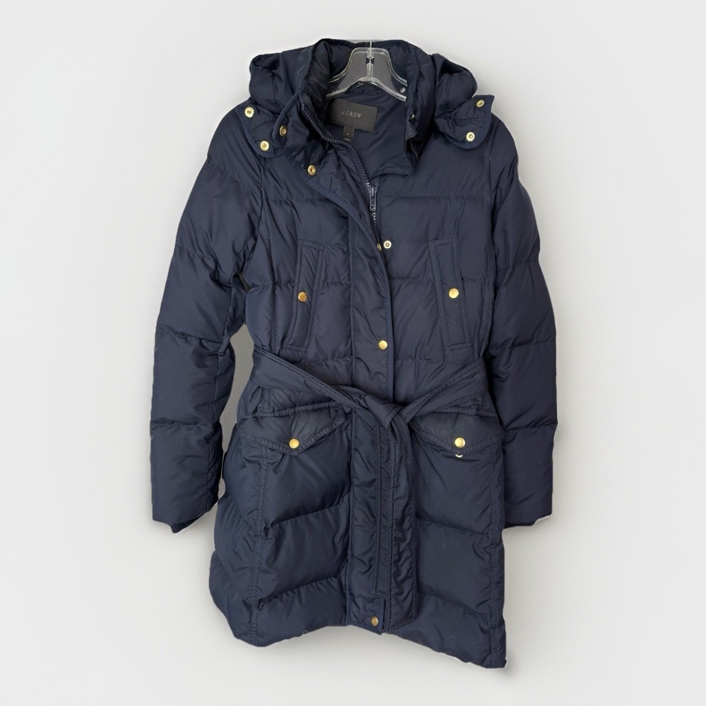 J.Crew Women's Small Belted Down Puffer Coat Navy Hooded Jacket Wintress B5123